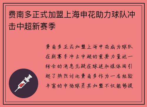 费南多正式加盟上海申花助力球队冲击中超新赛季